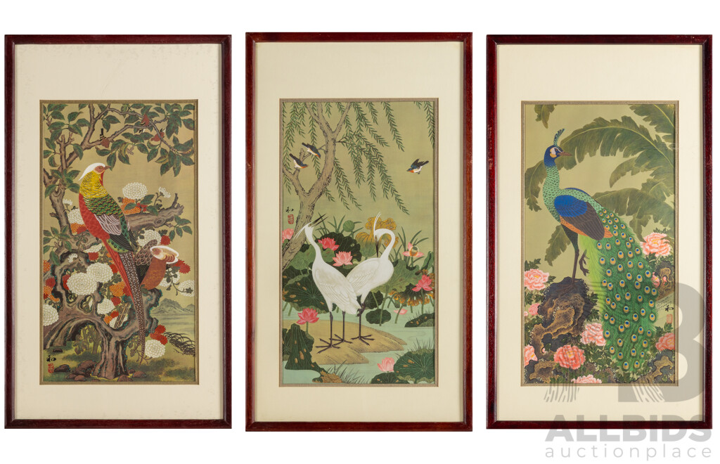 Kazuro Tozuka (20th Century, Japanese), Garden of the White Herons, Garden of the Golden Pheasants and Garden of the Enchanted Peacock (1983-4),Trio of Original Colour Reproduction Prints, 78 x 44.5 cms (frames) (3)