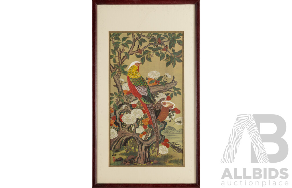 Kazuro Tozuka (20th Century, Japanese), Garden of the White Herons, Garden of the Golden Pheasants and Garden of the Enchanted Peacock (1983-4),Trio of Original Colour Reproduction Prints, 78 x 44.5 cms (frames) (3)
