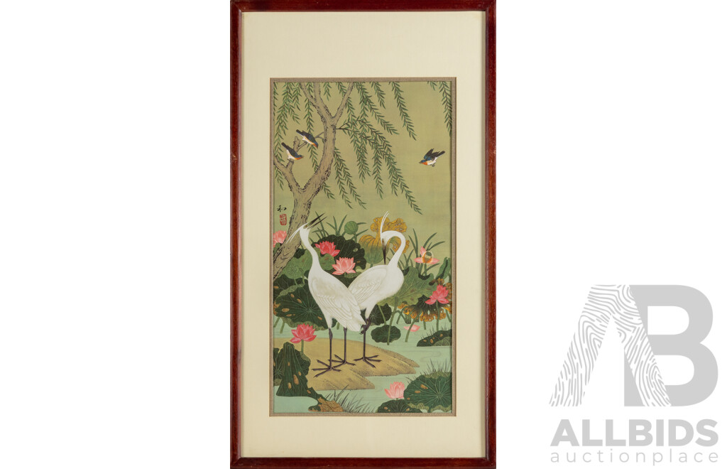 Kazuro Tozuka (20th Century, Japanese), Garden of the White Herons, Garden of the Golden Pheasants and Garden of the Enchanted Peacock (1983-4),Trio of Original Colour Reproduction Prints, 78 x 44.5 cms (frames) (3)