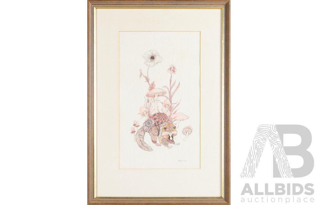 Stapleford (20th Century, c1970s), Mandala Raccoon with Mushrooms and Flowers (1974), Original Vintage Fine Line Ink & Watercolour Drawing, 65 x 45 cm (frame)