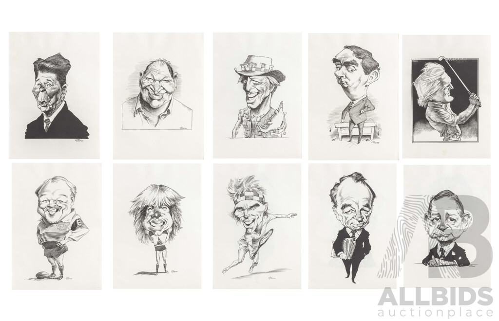 Alberto Ricardo (Australian, 1955-2026), Fifteen Unique Caricatures Famous Individuals Including Bob Hawke, Paul Keating, Pat Cash & More, Quality Reproduction Prints After Originals on Paper, 42 x 29.5 cm (sheets)