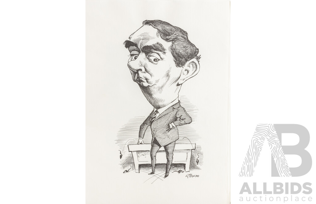 Alberto Ricardo (Australian, 1955-2026), Fifteen Unique Caricatures Famous Individuals Including Bob Hawke, Paul Keating, Pat Cash & More, Quality Reproduction Prints After Originals on Paper, 42 x 29.5 cm (sheets)