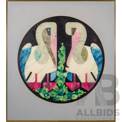 Artist Unknown, (20th Century, Indigenous-Canadian), Pelican Pair, Original Vintage Watercolour on Rice Paper, 72 x 65 cm