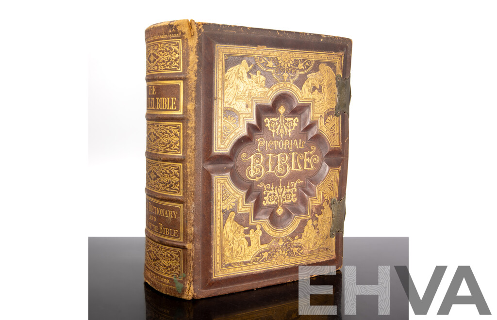 Fantastic Antique Embossed Leather Covered Holy Bible with Air Brass Clasps, James A Hoye & Co, Boston, Late 1800s