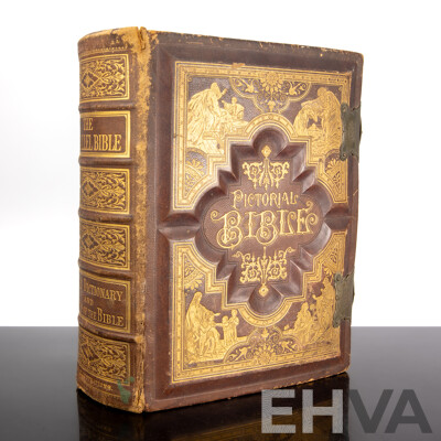 Fantastic Antique Embossed Leather Covered Holy Bible with Air Brass Clasps, James A Hoye & Co, Boston, Late 1800s