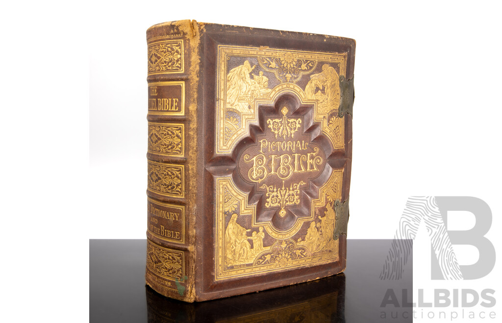 Fantastic Antique Embossed Leather Covered Holy Bible with Air Brass Clasps, James A Hoye & Co, Boston, Late 1800s