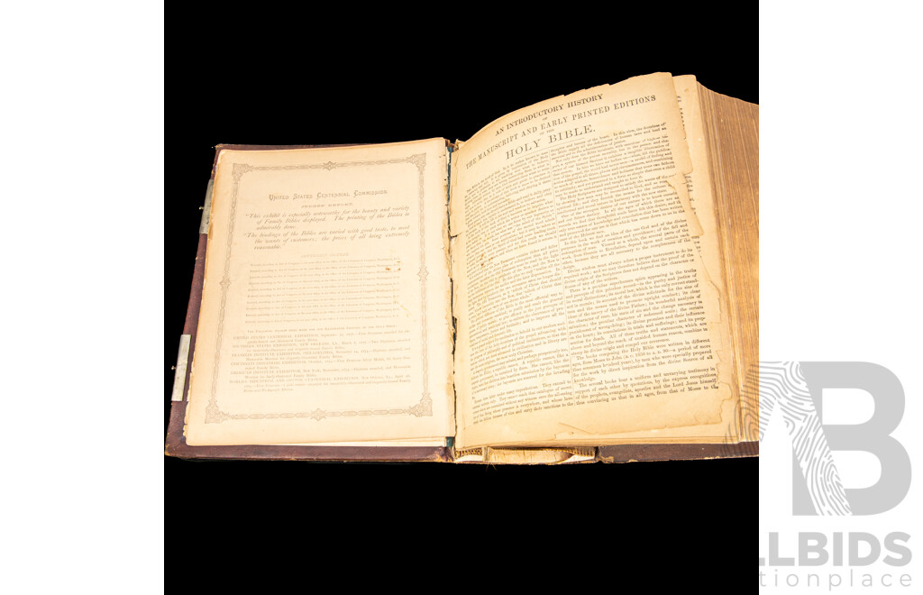 Fantastic Antique Embossed Leather Covered Holy Bible with Air Brass Clasps, James A Hoye & Co, Boston, Late 1800s