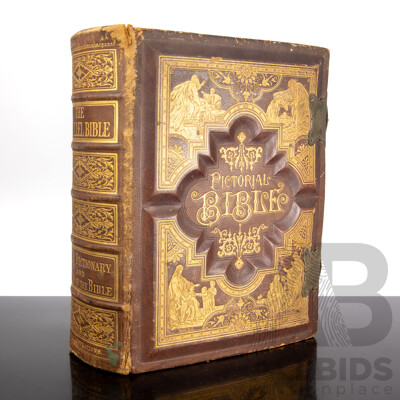 Fantastic Antique Embossed Leather Covered Holy Bible with Air Brass Clasps, James A Hoye & Co, Boston, Late 1800s