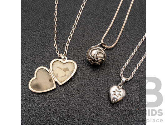 Sterling Silver CZ Heart Pendant with Rope Link Necklace, with Locket and Harmony Ball Necklaces, 19.49 Grams