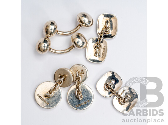 Sterling Silver (3) Pairs of Assorted Design Plain Silver Contemporary Cuff Links, 38.10 Grams