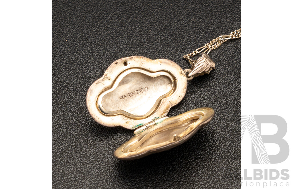 Vintage Sterling Silver Bamboo Hinged Bangle & Vintage Sterling Silver Locket on Chain, 31.86 Grams