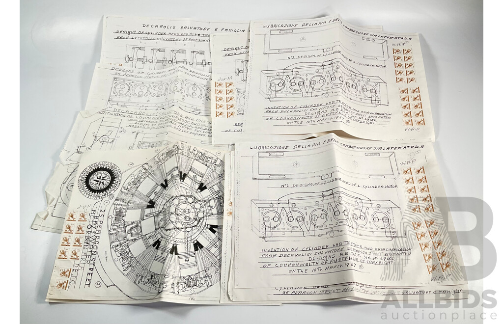 Collection of Vintage Drawings Submitted to Patent Office, Radial Engine, Six Cylinder Heads, Inlet/Outlet Valve Train, All with Western Australia Revenue Stamps
