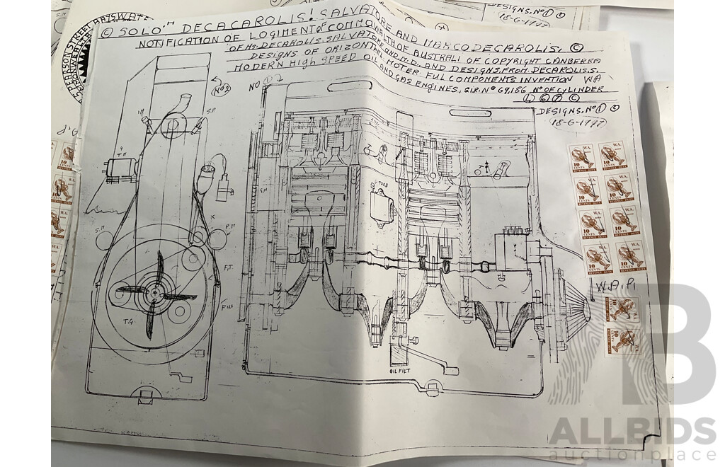 Collection of Vintage Drawings Submitted to Patent Office, Radial Engine, Six Cylinder Heads, Inlet/Outlet Valve Train, All with Western Australia Revenue Stamps