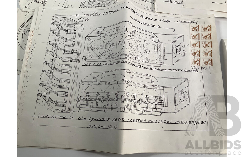 Collection of Vintage Drawings Submitted to Patent Office, Radial Engine, Six Cylinder Heads, Inlet/Outlet Valve Train, All with Western Australia Revenue Stamps