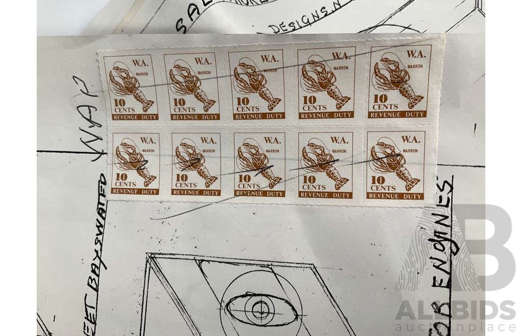 Collection of Vintage Drawings Submitted to Patent Office, Radial Engine, Six Cylinder Heads, Inlet/Outlet Valve Train, All with Western Australia Revenue Stamps