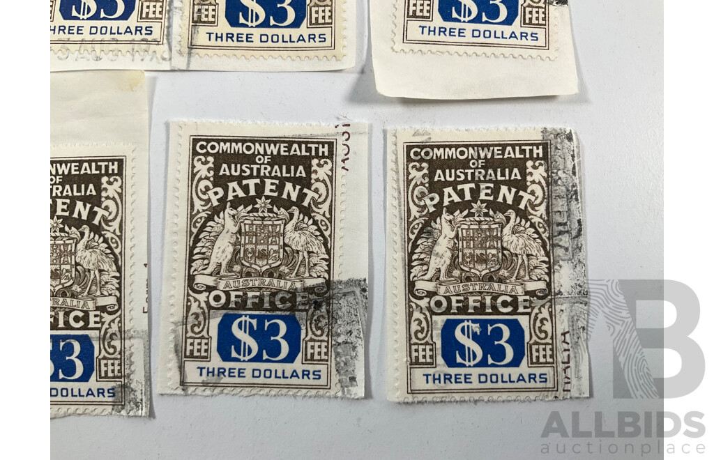 Eight Commonwealth of Australia Patent Office Three Dollar Stamps, Series Two