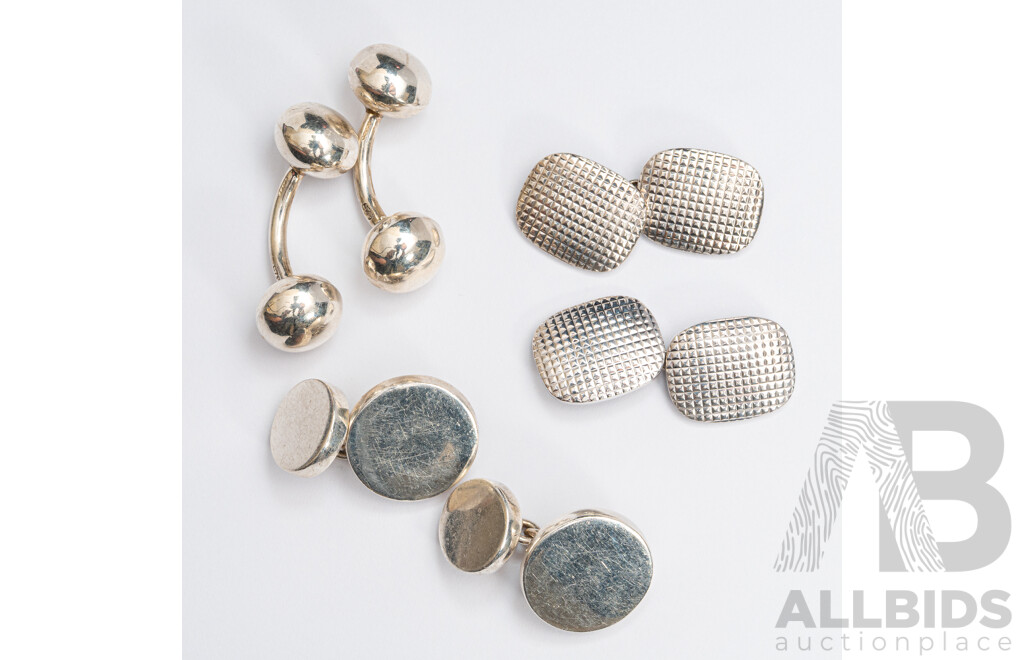 Sterling Silver (3) Pairs of Assorted Design Plain Silver Contemporary Cuff Links, 38.10 Grams