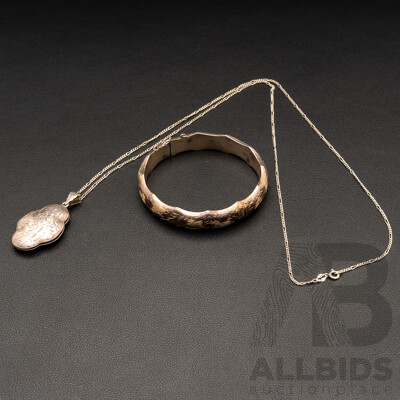 Vintage Sterling Silver Bamboo Hinged Bangle & Vintage Sterling Silver Locket on Chain, 31.86 Grams