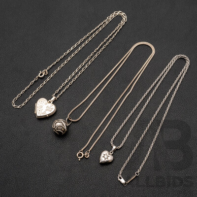 Sterling Silver CZ Heart Pendant with Rope Link Necklace, with Locket and Harmony Ball Necklaces, 19.49 Grams