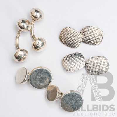 Sterling Silver (3) Pairs of Assorted Design Plain Silver Contemporary Cuff Links, 38.10 Grams