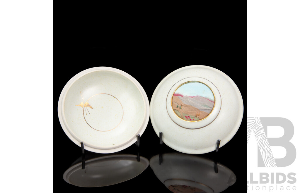 Australian Studio Porcelain Lidded Pot with Material and Stitching Inset by Marjo Jones of ACT