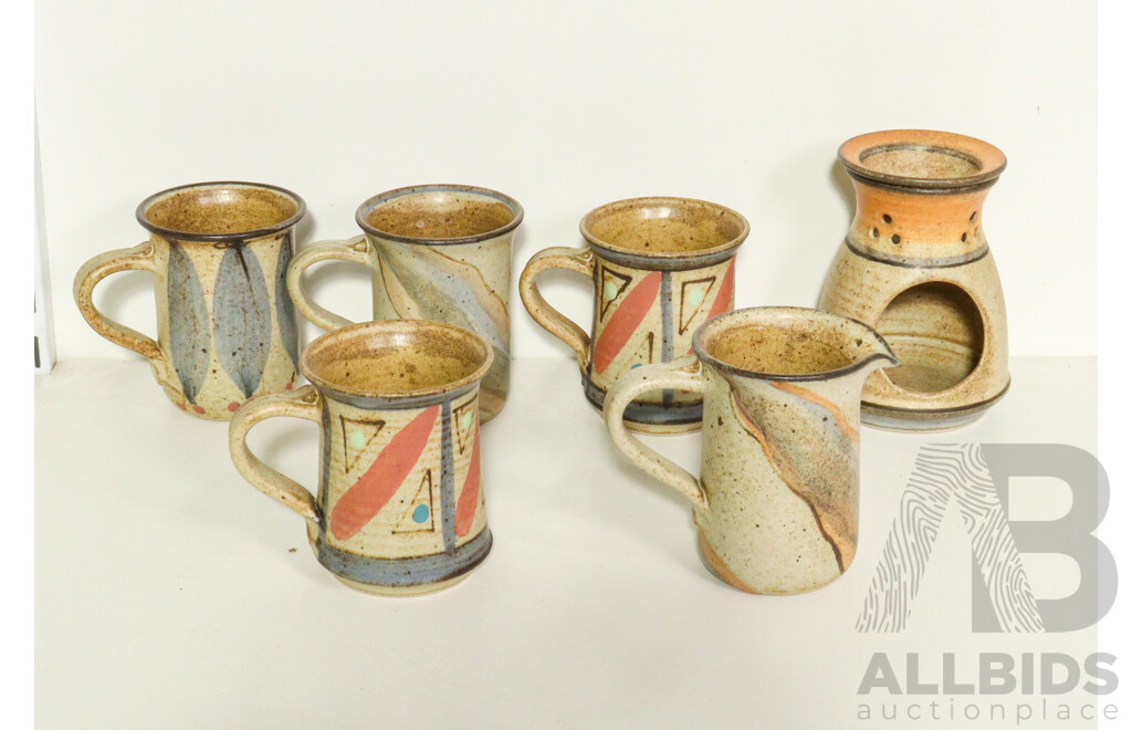 Australian Studio Pottery Set Including Four Mugs, a Jug & an Oil/Incense Burner