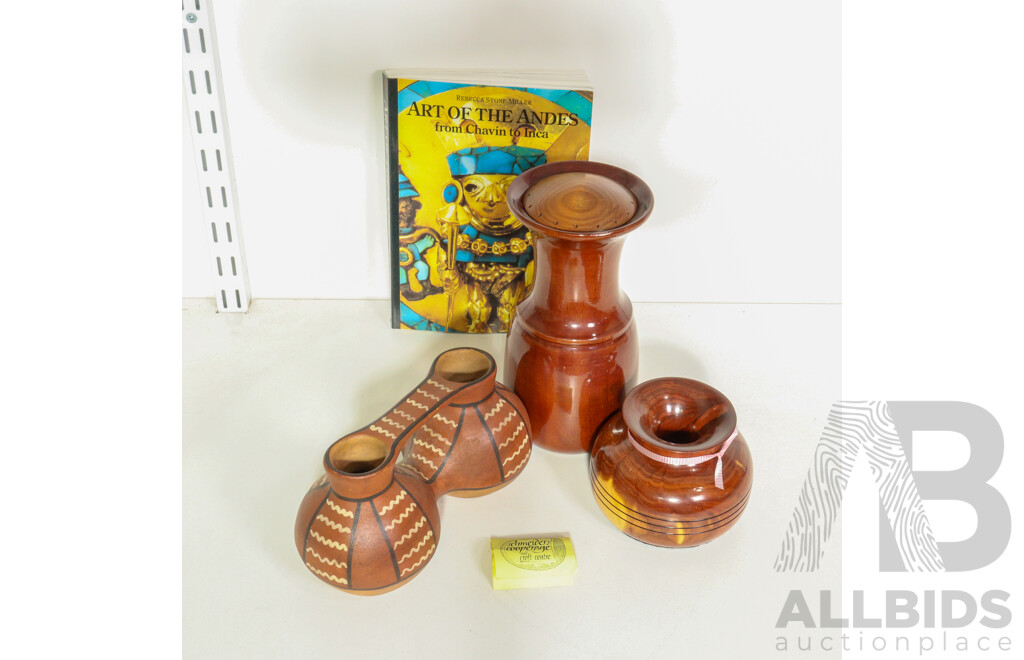 Collection Including Hand Crafted Wood Pieces, Arica Cultural Vase & Art of the Andes Book