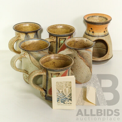 Australian Studio Pottery Set Including Four Mugs, a Jug & an Oil/Incense Burner
