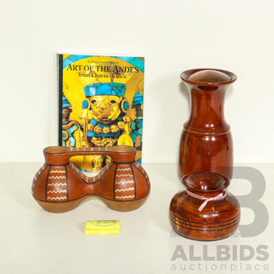 Collection Including Hand Crafted Wood Pieces, Arica Cultural Vase & Art of the Andes Book