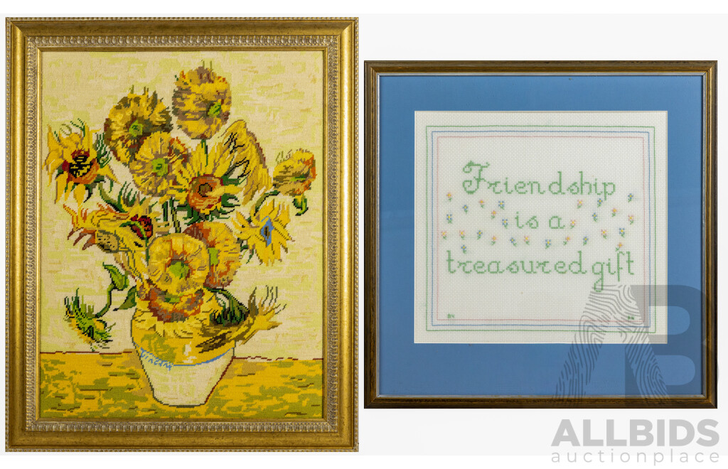 Sunflowers & Friendship is a Treasured Gift, Pair of Vintage Hand Cross Stitched Panels, 75 x 61 cm (larger frame) (2)