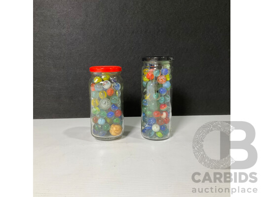 Two Jars of Vintage Marbles Including Cats Eyes and Jumbos