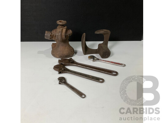 Four Vintage Adjustable Spanners Including Dowidat, Rothenberger, Deeland, Hazet with Cast Iron Cobblers Shoe Last and Winding Car Jack