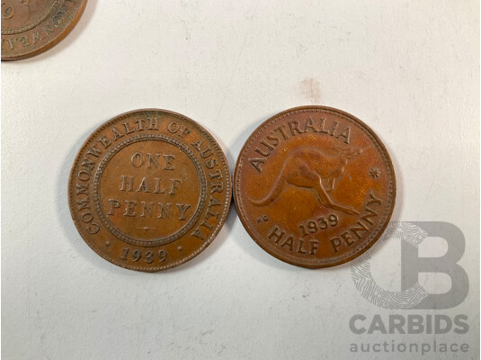 Collection of Australian Copper Coins Including Sixty Four Pennies Spanning 1912 to 1952, Thirty Six Half Pennies Spanning 1911 to 1964 Including 1912H, 1917I, 1939 Kangaroo Reverse