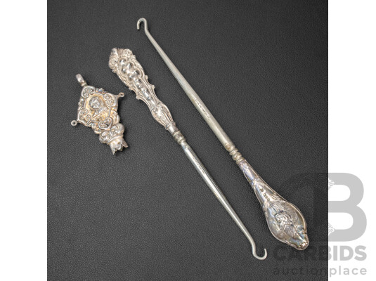 Two Antique Sterling Silver Handled Button Hooks with Sterling Silver Children's Rattle Handle 'Mama's Pet', Adie & Lovekin Ltd, Birmingham, 1913