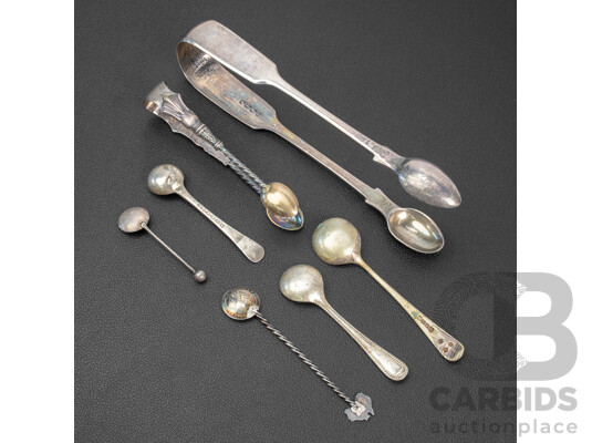 Two Sterling Silver Sugar Tongs, Two Silver Condiment Spoons Including Bespoke Australian 1921M Silver Threepence Spoon, Three Vintage Silver Plate Examples