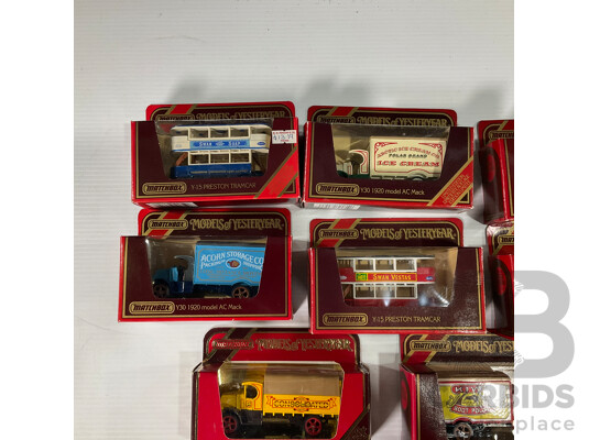 Ten Boxed Matchbox Models of Yesteryear Diecast Trucks and Buses Including 1920 AC Mack, 1917 Yorkshire Dampflastwagen, 1930 Bentley 4.5 Liter and More
