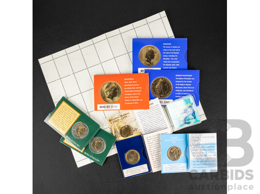 Collection of Australian Commemorative Coins Including Five Dollars Including Three 2000 Olympics, Two Donald Bradman Tribute, One Dollars Including 1994 Royal Melbourne Show Issue