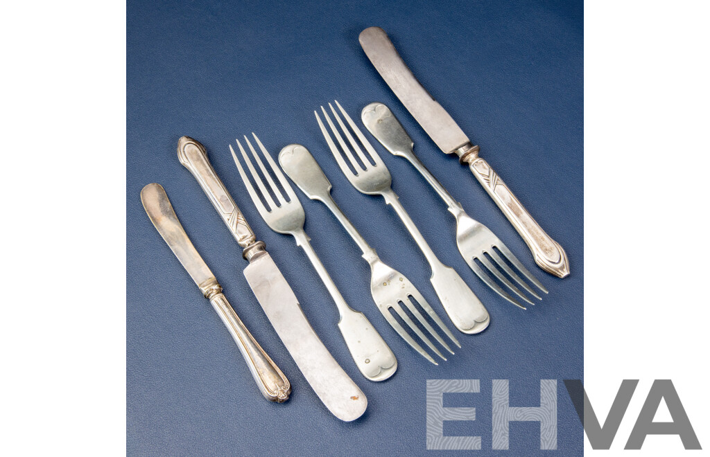 Vintage Silver Butter Knife, Sheffield with Two Silver Plate Knives, Four Walker & Hall Sonora Silver Forks