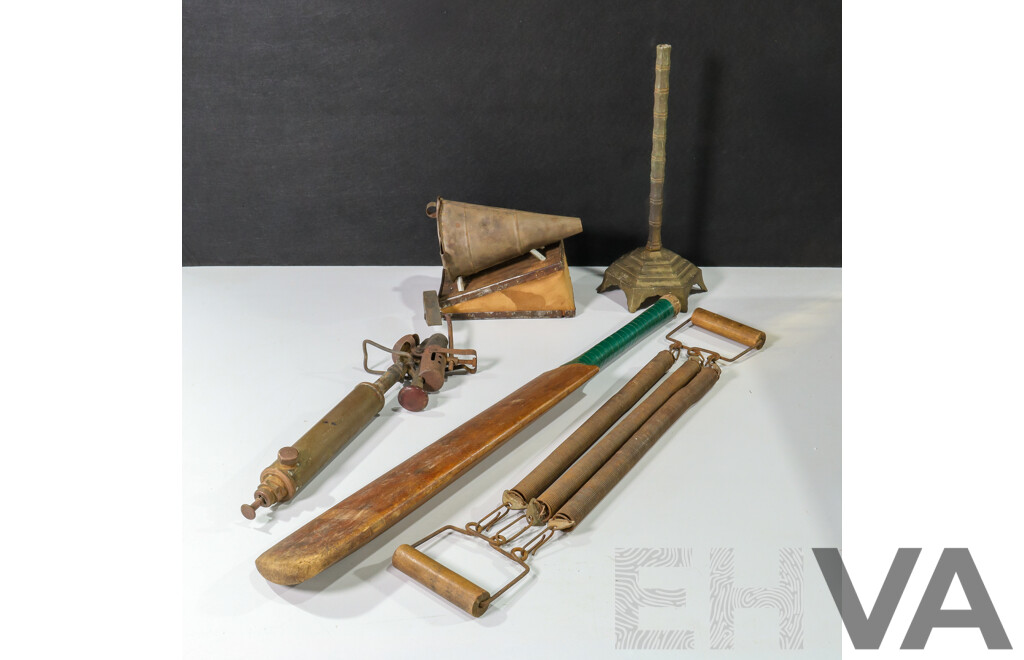 Collection of Vintage Items Including Child's Willow BBL Boundary Cricket Bat, Made in Pakistan, Darlton Brass Soldering Iron, Bee Smoker, Three Spring Chest Exerciser, Asian Cast Metal Stand