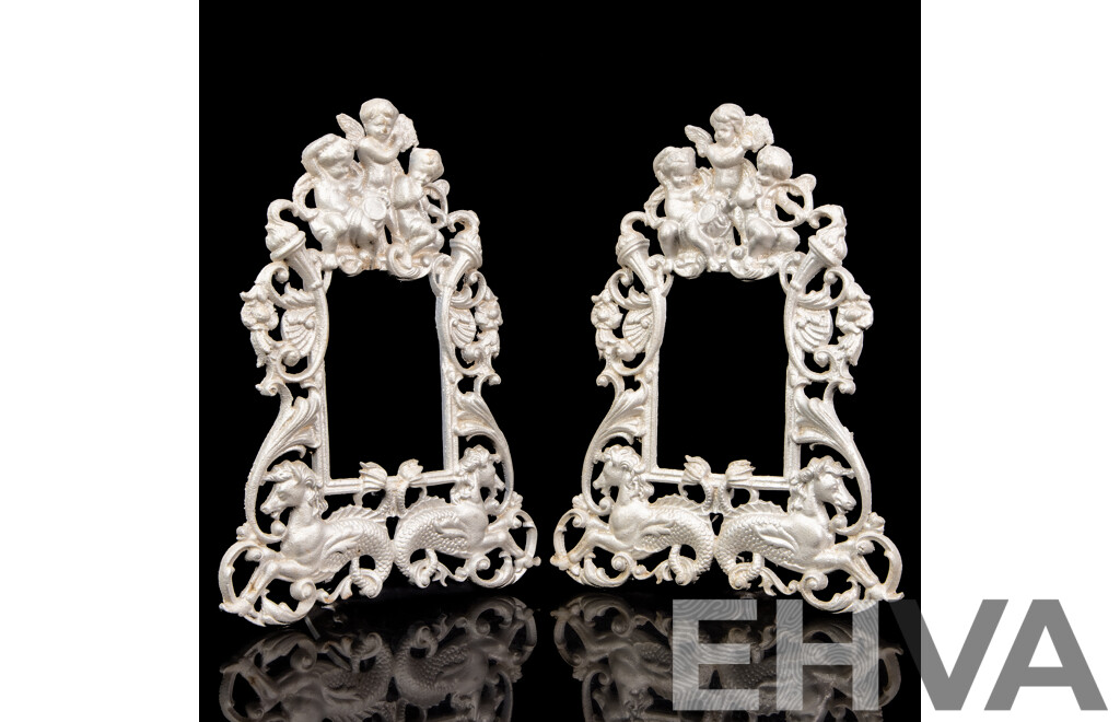 Two Vintage Cast Aluminium Cherub and Seahorse Photo Frames