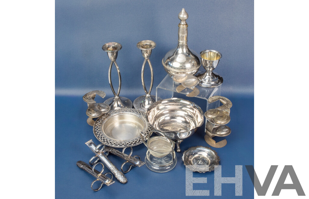 Collection of Vintage Silver Plate Table Pieces Including Egg Holders, Candlestick Pair, Unique Asparagus Tongs, Tea Strainer, Trinket Bowls