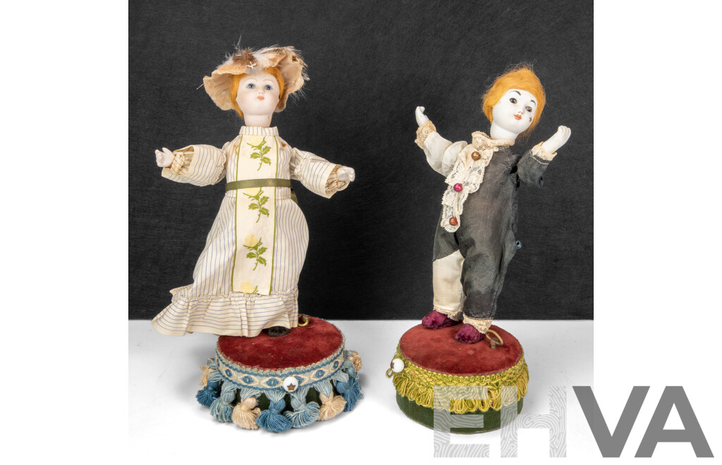 Pair of Antique Clockwork Automata Dancing Dolls, with Bisque Heads and Hands, Music Box Base