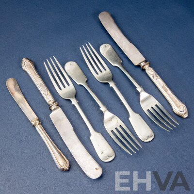 Vintage Silver Butter Knife, Sheffield with Two Silver Plate Knives, Four Walker & Hall Sonora Silver Forks