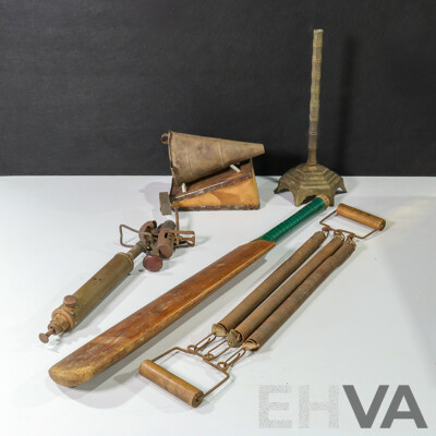 Collection of Vintage Items Including Child's Willow BBL Boundary Cricket Bat, Made in Pakistan, Darlton Brass Soldering Iron, Bee Smoker, Three Spring Chest Exerciser, Asian Cast Metal Stand