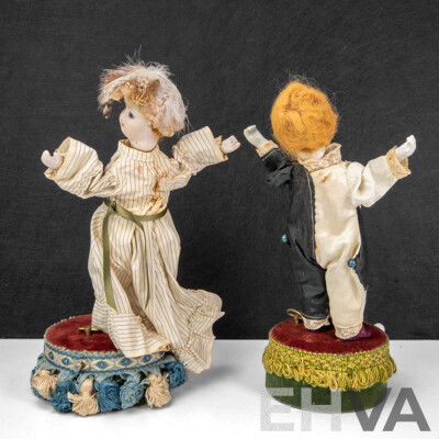 Pair of Antique Clockwork Automata Dancing Dolls, with Bisque Heads and Hands, Music Box Base