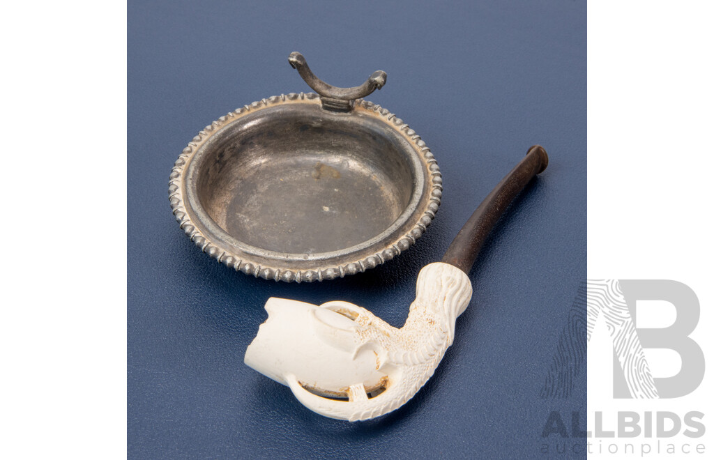 Vintage Hand Carved Meerschaum Dragons Claw Opium Pipe with Metal Ashtray Stand