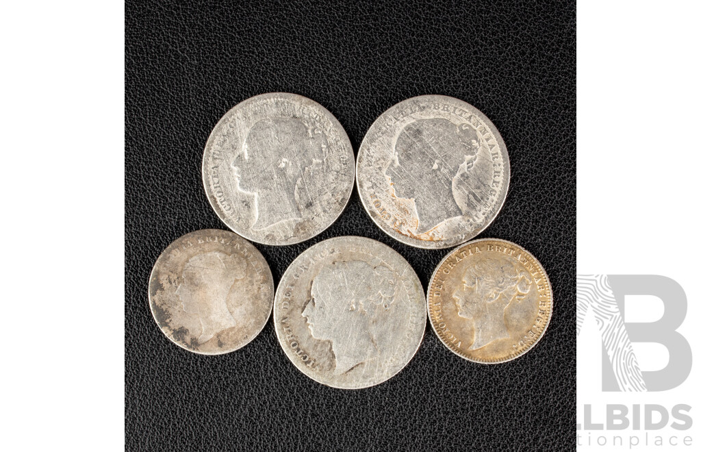Five Great Britain Silver QV Coins Including Three Shillings, 1871, 1874, 1885, Two Sixpence 18??, 1877  .925