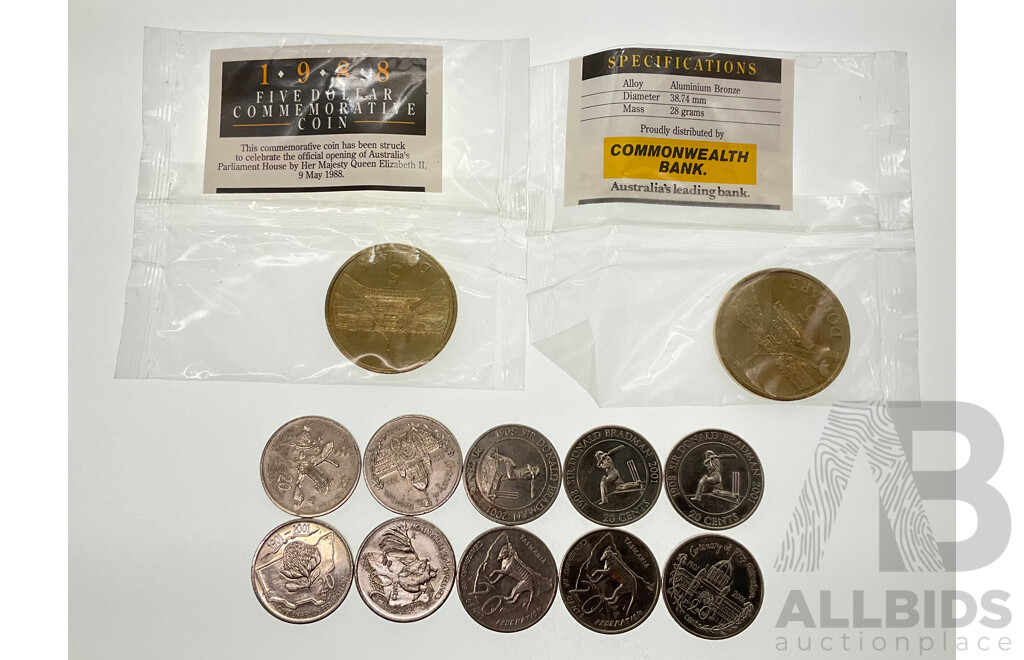 Two Australian 1988 Five Dollar Coins with Commemorative Twenty Cents Including Seven 2001 Federation and Three 2001 Donald Bradman