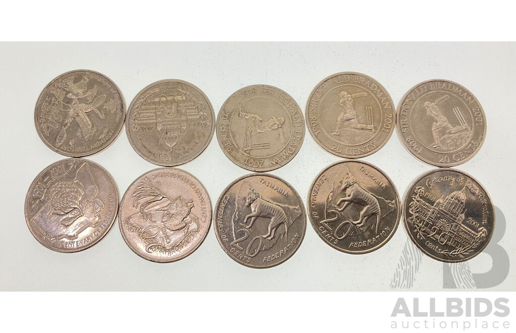 Two Australian 1988 Five Dollar Coins with Commemorative Twenty Cents Including Seven 2001 Federation and Three 2001 Donald Bradman