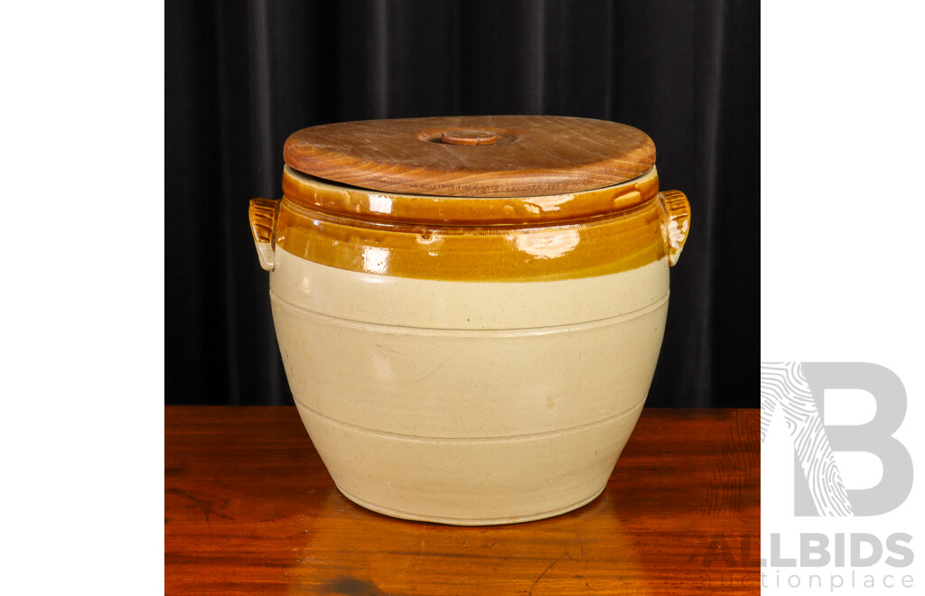 Large Vintage Glazed Ceramic Jar with Turned Timber Lid